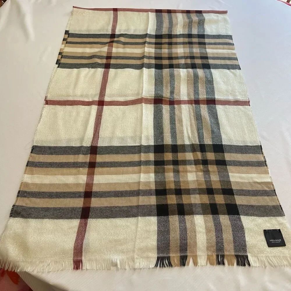Lord & Taylor Plaid Shimmer Light Weight Wool Blend Scarf